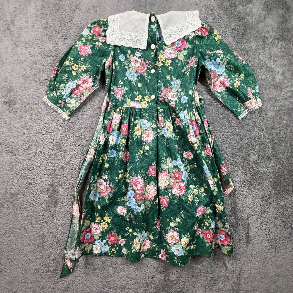 Vintage 80s Pretty N Pink Girls Dress Sz 10 Green Floral Lace Collar Cottagecore - Picture 2 of 6